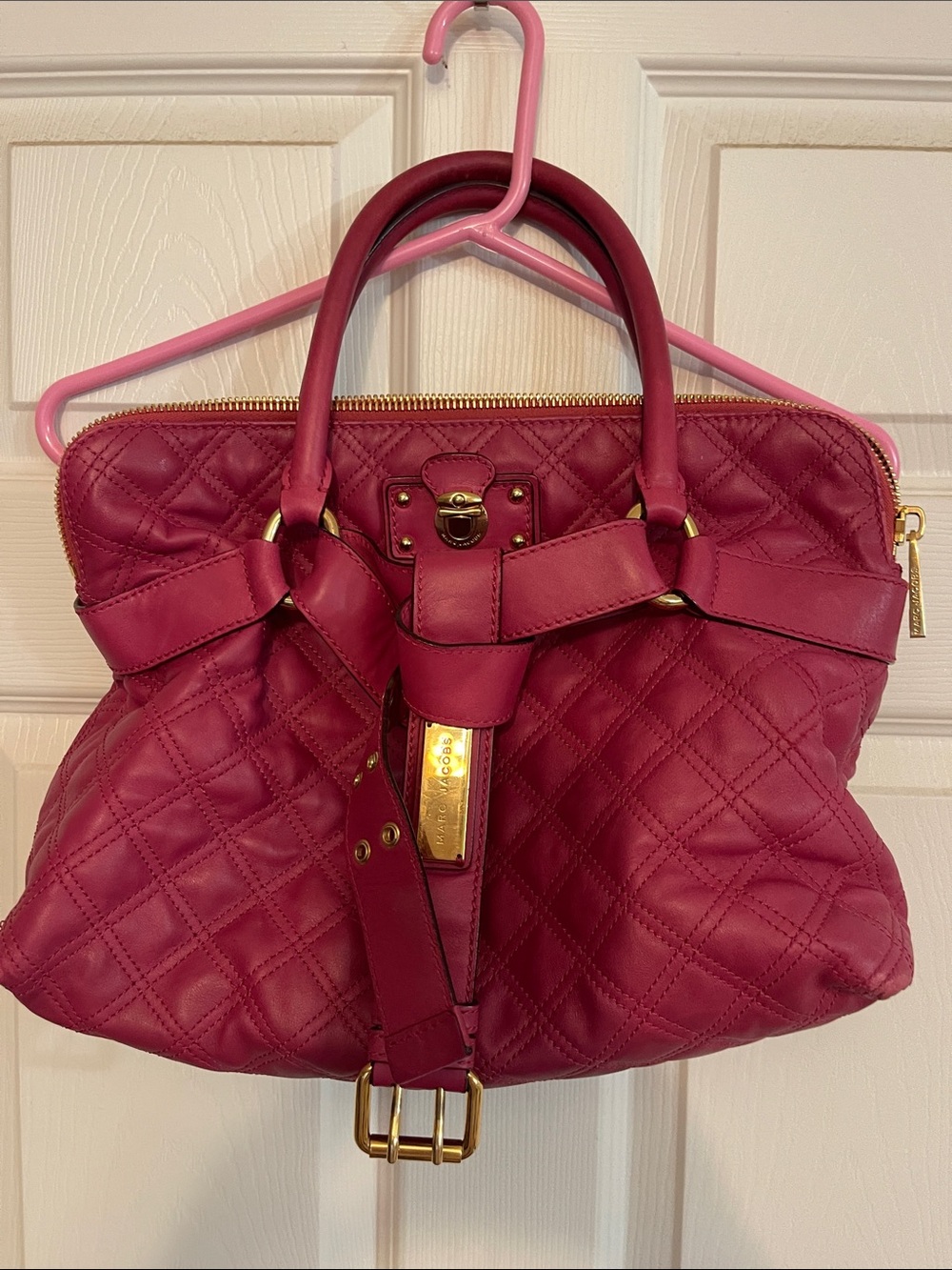 Marc Jacobs Belted Bruña Quilted Pink Leather Satchel Bag with Gold Hardware